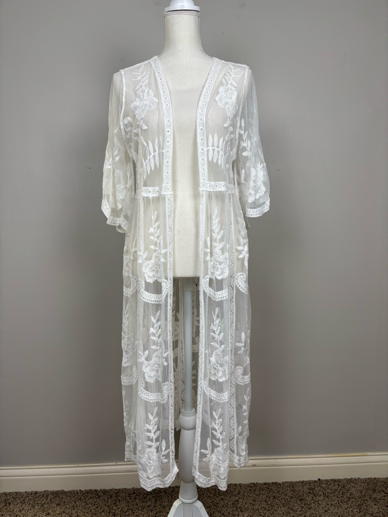 Rachel Zoe Sheer Floral Lace Duster Kimono Open Front In White One Size